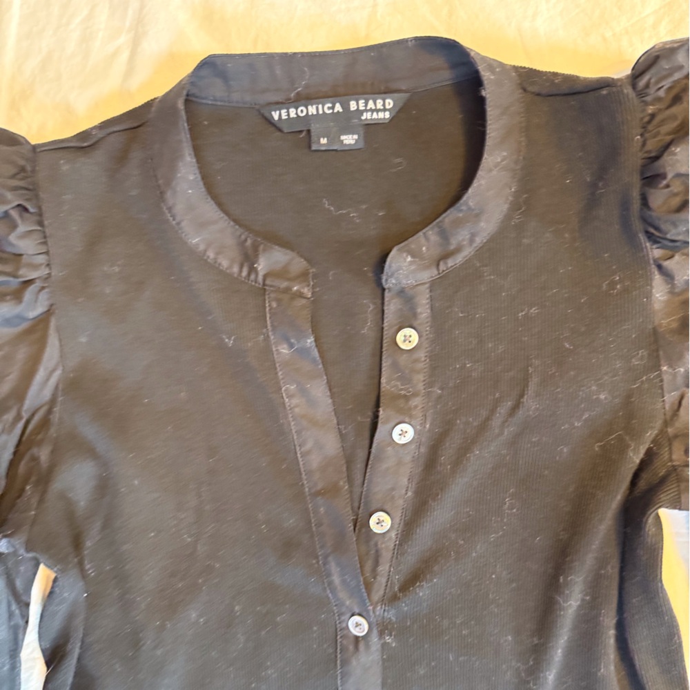 VERONICA BEARD Effy Puff Sleeve Ribbed Knit Henley Buttoned Shirt - Picture 13 of 16